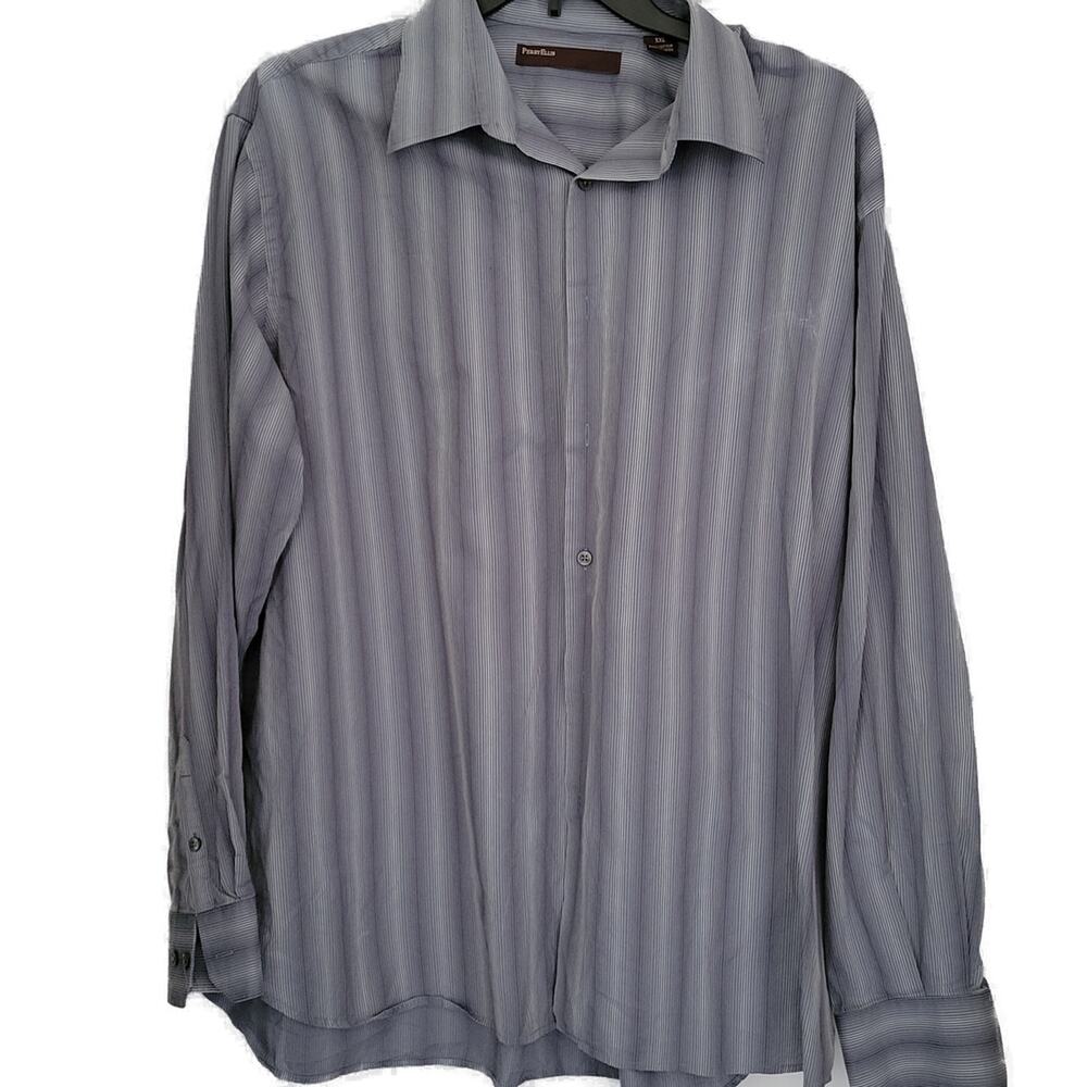 Perry Ellis Men Shirt Size XXL Variegated Blues White Long Sleeve Front Button